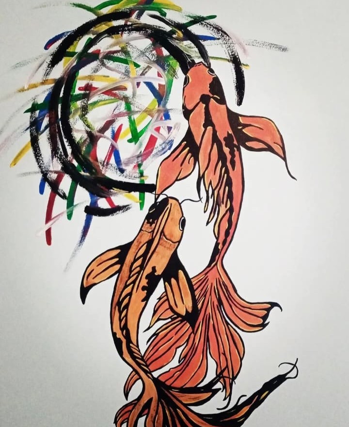 Hand-painted mural of two orange koi fish swimming beneath a sweeping black brushed circle with fine multicoloured detail on a white wall